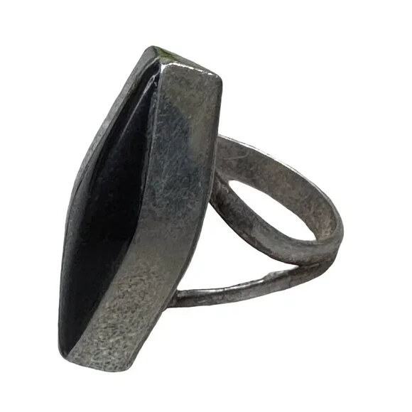 Vintage Modernist MCM Sterling Silver Ring Black Onyx Marquise Cut Stone Size 8 - Picture 9 of 10
